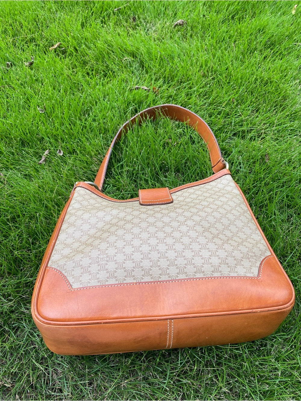 Celine Brown Leather & Beige Canvas Shoulder Bag - Picture 4 of 9